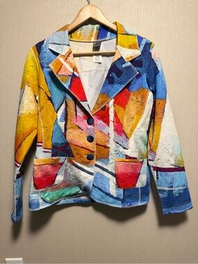 Dolcezza Wearable Art Abstract Print Knit Blazer Jacket Medium Colorful